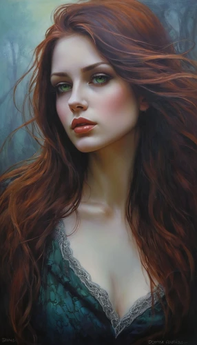 mystical portrait of a girl,fantasy portrait,fantasy art,rusalka,young woman,celtic queen,celtic woman,fantasy woman,girl on the river,fae,faery,the enchantress,redheads,siren,dryad,red-haired,poison ivy,faerie,oil painting on canvas,merida,Illustration,Realistic Fantasy,Realistic Fantasy 30