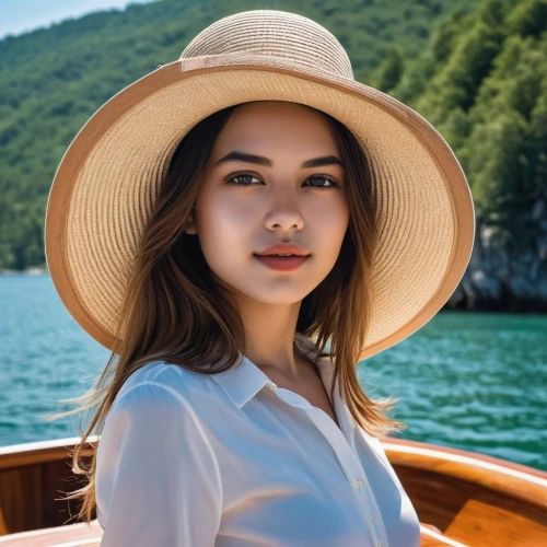 girl on the boat,vietnamese woman,girl wearing hat,vietnamese,sun hat,panama hat,asian conical hat,straw hat,high sun hat,boat operator,phuquy,wooden boat,vietnam,miss vietnam,boat ride,summer hat,on the water,boat trip,boat landscape,brown hat,Photography,General,Realistic