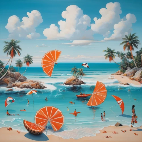 summer beach umbrellas,umbrella beach,beach landscape,beach umbrella,tropical sea,dream beach,ocean paradise,tropical beach,paradise beach,parasols,caribbean beach,tropical island,seaside resort,seychelles,tahiti,tropics,delight island,sea beach-marigold,coconut trees,beach scenery,Illustration,Realistic Fantasy,Realistic Fantasy 24