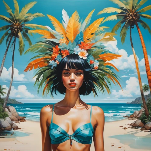 blue hawaii,luau,aloha,piña colada,hula,tropical bloom,mai tai,bali,kohphangan,tahiti,polynesian,girl in a wreath,tropic,sea beach-marigold,flora,tropical house,tropical sea,polynesian girl,oil painting on canvas,coconut hat,Illustration,Realistic Fantasy,Realistic Fantasy 24