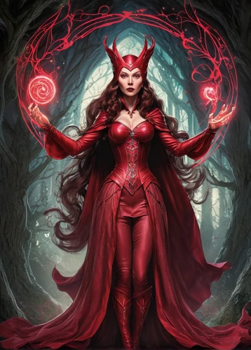 scarlet witch,darth talon,sorceress,the enchantress,red lantern,red riding hood,dodge warlock,lady in red,fantasy woman,root chakra,fantasy art,red,red super hero,fae,queen of hearts,evil fairy,magic grimoire,red tunic,priestess,red chief,Illustration,Realistic Fantasy,Realistic Fantasy 02