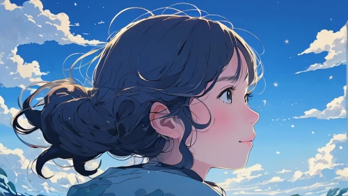 blue sky,ocean,ocean blue,himuto,blue sky clouds,summer sky,azure,sky,forget me not,little girl in wind,blue sky and clouds,worried girl,honolulu,euphonium,akko,wind,portrait background,girl with speech bubble,sea ocean,at sea,Illustration,Japanese style,Japanese Style 16