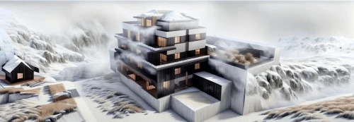 ice castle,mountain settlement,snow roof,fractal environment,snow mountain,skyscraper town,snow landscape,snow mountains,winter house,snow scene,winter village,snow house,snowhotel,building valley,ski resort,infinite snow,fractalius,winter background,mountain village,mountains snow