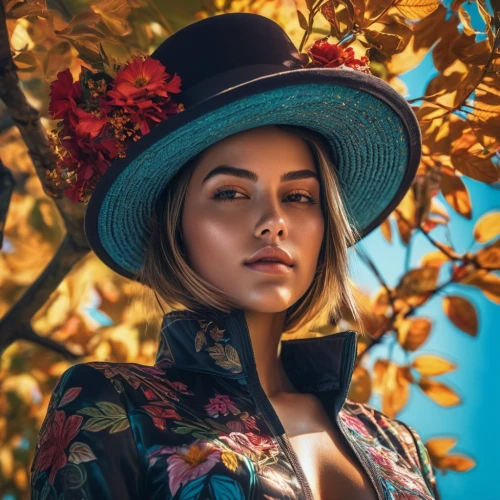 leather hat,flower hat,autumn theme,girl wearing hat,sun hat,colorful floral,beautiful girl with flowers,woman's hat,girl in flowers,autumn background,autumn photo session,the hat of the woman,yellow sun hat,high sun hat,the hat-female,brown hat,floral,vintage floral,women's hat,autumn colors,Photography,Artistic Photography,Artistic Photography 08