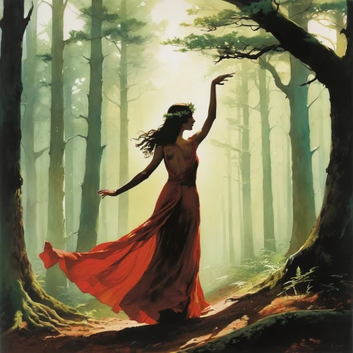 ballerina in the woods,dryad,faerie,girl with tree,girl in a long dress,forest of dreams,faery,the enchantress,dance with canvases,woman playing,forest background,treeing feist,woman playing violin,dance of death,fairies aloft,throwing leaves,rusalka,fantasy picture,sorceress,fae,Illustration,Paper based,Paper Based 12