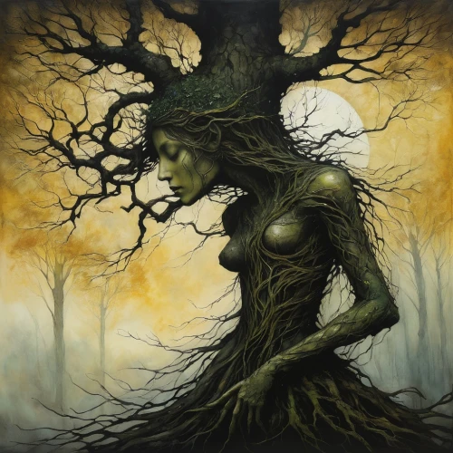 dryad,rooted,the branches of the tree,gnarled,girl with tree,tree thoughtless,tree man,arborist,celtic tree,branching,uprooted,green tree,creepy tree,elm tree,tree of life,tree die,the roots of trees,treeing feist,tree heart,bodhi tree,Illustration,Abstract Fantasy,Abstract Fantasy 18