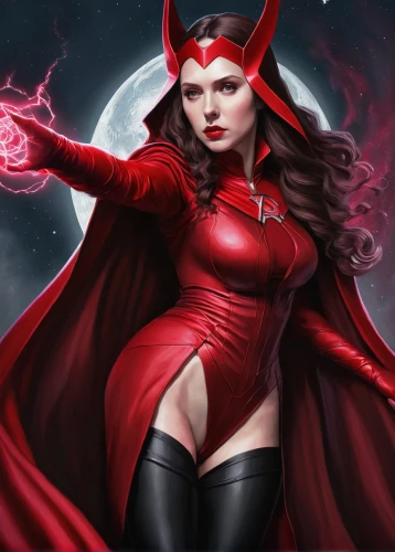 scarlet witch,darth talon,red super hero,sorceress,red,red cape,evil woman,vampire woman,red lantern,devil,fantasy woman,goddess of justice,wanda,super heroine,lady in red,the enchantress,dodge warlock,red coat,vampire lady,huntress,Illustration,Realistic Fantasy,Realistic Fantasy 07