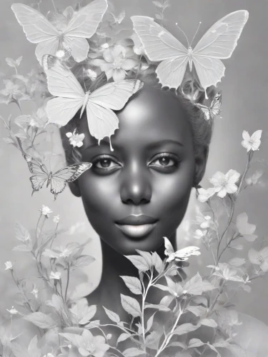 dryad,cloves schwindl inge,black skin,magnolia,girl in a wreath,black woman,linden blossom,paper art,inner beauty,pollinate,african art,natura,faerie,photomontage,image manipulation,digital artwork,african american woman,surrealistic,graphite,digital art