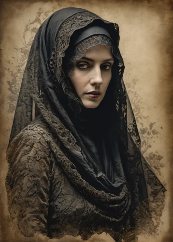 muslim woman,vintage female portrait,celtic queen,islamic girl,victorian lady,abaya,vintage woman,gothic portrait,the prophet mary,mystical portrait of a girl,veil,burqa,hijab,muslima,girl in a historic way,hijaber,girl in cloth,gothic woman,woman of straw,fantasy portrait,Photography,General,Fantasy