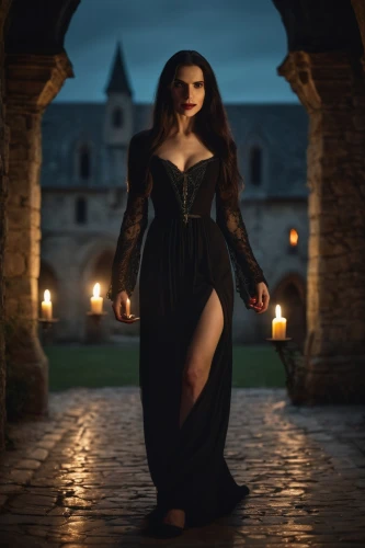 gothic woman,gothic dress,gothic fashion,vampire woman,gothic portrait,dark gothic mood,vampire lady,vampira,black dress with a slit,lady of the night,gothic style,goth woman,evening dress,gothic,queen of the night,dark angel,sorceress,dracula,femme fatale,black candle,Photography,General,Cinematic