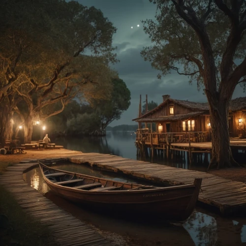 night scene,house by the water,boat landscape,evening atmosphere,romantic scene,boathouse,houseboat,bayou,evening lake,boat dock,riverside,romantic night,docks,rowboats,wooden boat,before the dawn,boat house,fisherman's house,night image,fantasy picture,Photography,General,Cinematic