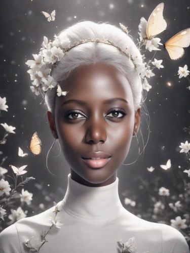 white butterflies,artificial hair integrations,white butterfly,butterfly white,flower fairy,faery,faerie,white blossom,mystical portrait of a girl,fairy queen,white beauty,fantasy portrait,white lady,photo manipulation,african american woman,white petals,white bird,inner beauty,natural cosmetic,linden blossom,Photography,Cinematic