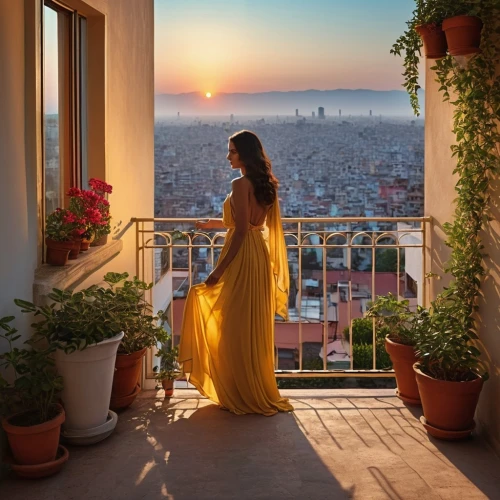 girl in a long dress,yellow jumpsuit,girl in a long dress from the back,long dress,with a view,balcony,evening dress,greece,istanbul,athens,yellow daisies,a girl in a dress,girl in red dress,girl on the stairs,paris balcony,antalya,barcelona,romantic look,balcony garden,window view,Photography,General,Realistic