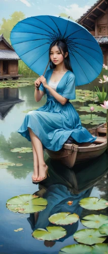 vietnamese woman,water lotus,floating market,lotus on pond,viet nam,asian umbrella,chinese art,teal blue asia,southeast asia,inle lake,waterlily,water lily,oriental painting,vietnam,lotus pond,little girl with umbrella,lily pad,lotus blossom,water lilly,water lilies,Conceptual Art,Fantasy,Fantasy 03