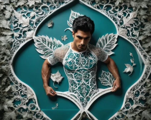 garuda,fairy peacock,intricate,peacock,bodypainting,filigree,merman,mehendi,iranian nowruz,body painting,fractals art,rangoli,paper art,porcelain,persian,persian poet,turquoise,elven,fairy tale character,aquaman