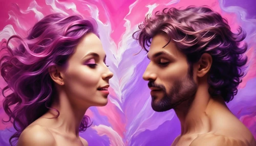 man and woman,two people,la violetta,pink-purple,romantic portrait,purple and pink,adam and eve,world digital painting,art painting,prince and princess,amorous,throughout the game of love,purple background,parallel worlds,digital art,dualism,couple in love,romance novel,ipê-purple,digital painting,Conceptual Art,Fantasy,Fantasy 31