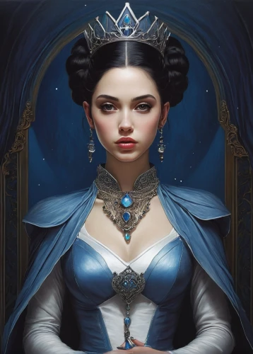 fantasy portrait,blue enchantress,cinderella,queen of the night,the snow queen,fantasy art,priestess,queen anne,imperial crown,fantasy woman,snow white,lady of the night,zodiac sign libra,fantasy picture,ice queen,white rose snow queen,diadem,celtic queen,jaya,gothic portrait,Illustration,Realistic Fantasy,Realistic Fantasy 07