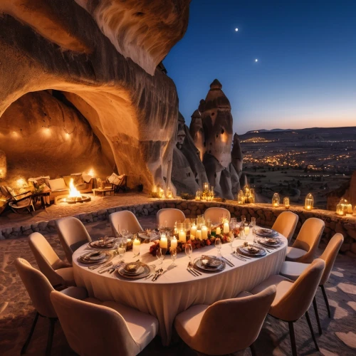cappadocia,romantic dinner,outdoor dining,romantic night,alpine restaurant,dinner for two,candle light dinner,fine dining restaurant,outdoor table,outdoor cooking,luxury hotel,luxury,fire pit,sicilian cuisine,luxury property,firepit,table setting,dining,outdoor grill,holiday table,Photography,General,Realistic
