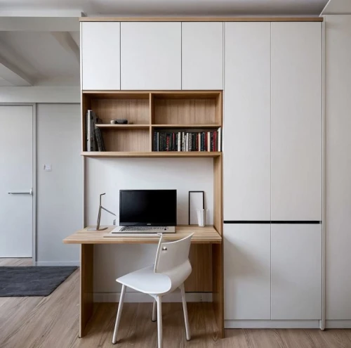 modern minimalist kitchen,storage cabinet,modern office,shared apartment,cabinetry,modern room,modern kitchen,room divider,an apartment,modern kitchen interior,bookcase,scandinavian style,kitchenette,kitchen cabinet,modern style,shelving,cabinets,writing desk,one-room,kitchen design