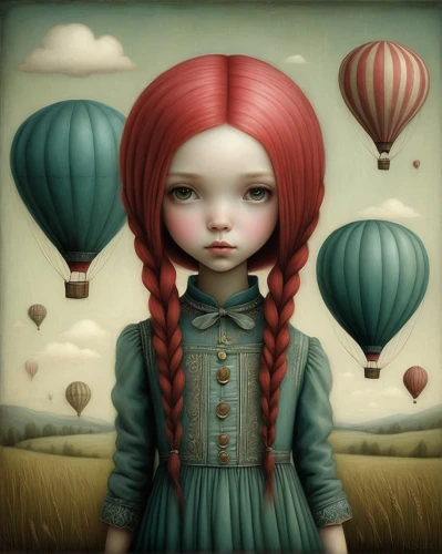 little girl with balloons,redhead doll,little girl in wind,red balloon,marionette,hot air balloon,painter doll,ballooning,fantasy portrait,hot-air-balloon-valley-sky,balloon trip,hot air ballooning,hot air balloon ride,mystical portrait of a girl,tumbling doll,hot air balloons,balloon,gas balloon,hot air balloon rides,fairy tale character,Illustration,Abstract Fantasy,Abstract Fantasy 06