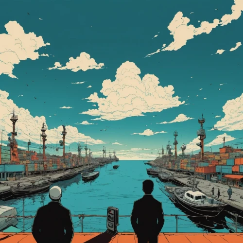 osaka bay,submarine,docks,sakana,osaka port,harbor,harbor cranes,sailors,background image,yokohama,studio ghibli,panoramical,sailboats,travelers,seaport,gunkanjima,odaiba,the waterfront,harbour,the people in the sea,Illustration,Vector,Vector 02