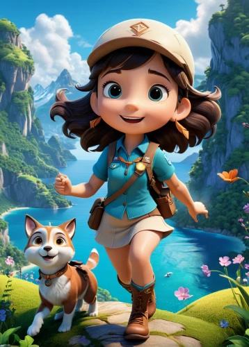 zookeeper,agnes,adventurer,cute cartoon character,explorer,children's background,mountain guide,mowgli,scout,girl and boy outdoor,lilo,moana,adventure,park ranger,heidi country,animal world,magical adventure,animal film,game illustration,3d fantasy,Unique,3D,3D Character