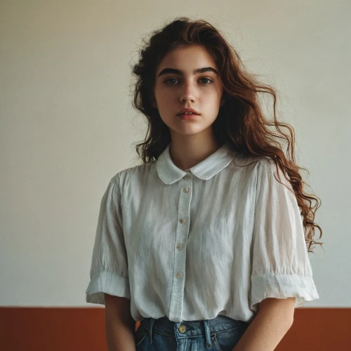 white shirt,portrait of a girl,vintage angel,cotton top,paloma,in a shirt,vintage girl,liberty cotton,pale,girl in t-shirt,linen heart,young woman,mystical portrait of a girl,vintage woman,girl in overalls,vintage women,girl portrait,girl in cloth,polo shirt,blouse,Photography,Documentary Photography,Documentary Photography 08
