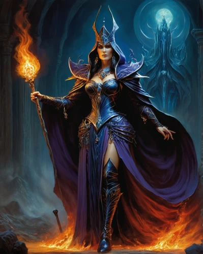 sorceress,priestess,blue enchantress,dark elf,dodge warlock,the enchantress,evil woman,goddess of justice,undead warlock,death god,angel of death,fantasy woman,mage,horn of amaltheia,queen of the night,heroic fantasy,pillar of fire,magic grimoire,flickering flame,zodiac sign libra,Illustration,Realistic Fantasy,Realistic Fantasy 32