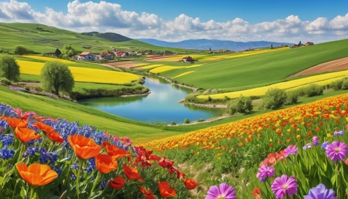 meadow landscape,landscape background,springtime background,the valley of flowers,flower meadow,tulips field,flower field,tulip field,tulip fields,spring background,flowering meadow,splendor of flowers,spring meadow,nature landscape,field of flowers,flower painting,alpine meadow,beautiful landscape,blanket of flowers,salt meadow landscape,Photography,General,Realistic