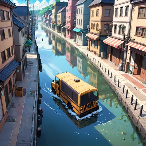 gondola,water bus,diving gondola,cablecar,school bus,gondola lift,canals,gondolas,school buses,cable car,schoolbus,docked,dukw,aqua studio,grand canal,canal,water taxi,cable cars,riverside,float,Anime,Anime,Traditional