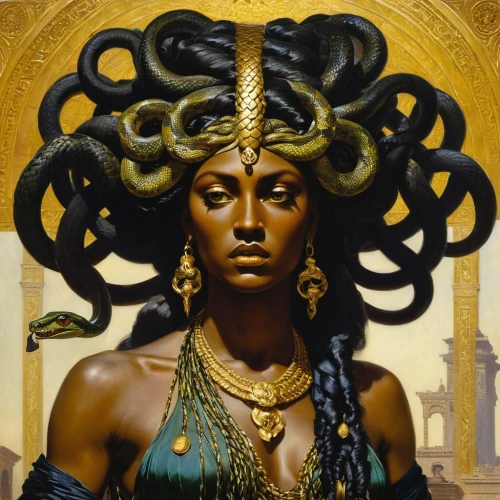 medusa,gorgon,medusa gorgon,cleopatra,priestess,anahata,serpent,zodiac sign libra,orientalism,black woman,headpiece,moorish,fantasy portrait,nile,mythological,fantasy art,kali,headdress,voodoo woman,head ornament,Art,Classical Oil Painting,Classical Oil Painting 42