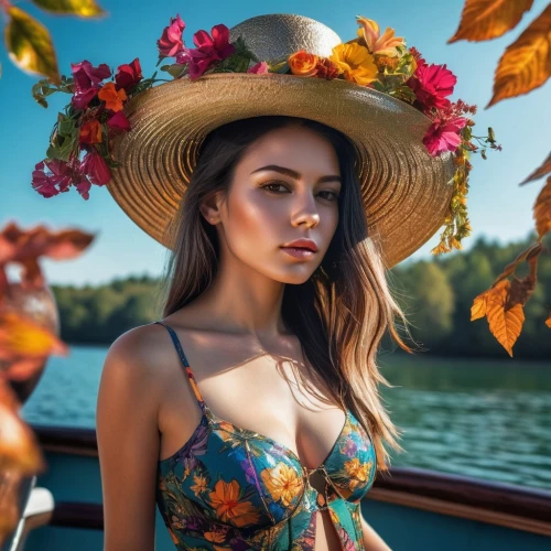 flower hat,sun hat,colorful floral,high sun hat,girl wearing hat,beautiful girl with flowers,girl on the boat,yellow sun hat,summer hat,autumn theme,leather hat,autumn background,autumn colors,girl in flowers,autumn color,summer crown,autumn flower,straw hat,colors of autumn,sombrero,Photography,Artistic Photography,Artistic Photography 08