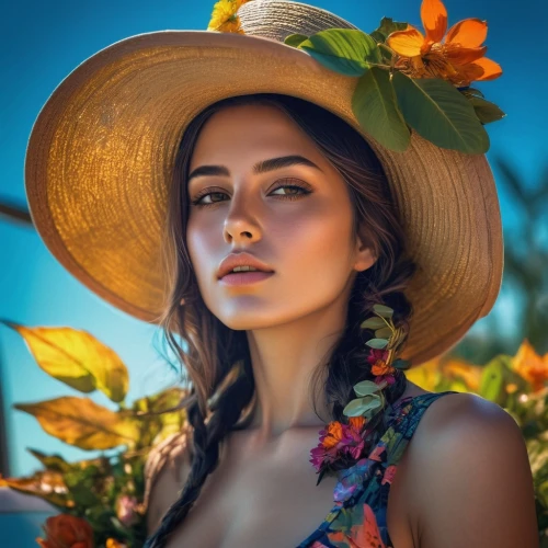 beautiful girl with flowers,flower hat,sun hat,high sun hat,girl in flowers,yellow sun hat,straw hat,summer hat,sombrero,colorful floral,girl wearing hat,hula,summer crown,portrait photography,ordinary sun hat,rosa bonita,moana,aloha,flower crown,floral,Photography,Artistic Photography,Artistic Photography 08