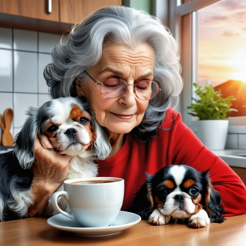 elderly lady,pet vitamins & supplements,elderly people,elderly person,woman drinking coffee,care for the elderly,senior citizen,pensioner,elderly,king charles spaniel,grandparent,pet food,grandma,grandmother,dog cafe,companion dog,pensioners,respect the elderly,old age,for pets,Photography,General,Realistic
