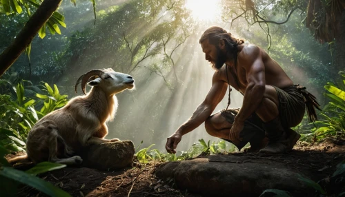 mowgli,tarzan,animal film,human and animal,biblical narrative characters,hunting scene,animal kingdom,pachamama,goatherd,digital compositing,fantasy picture,capricorn mother and child,shamanic,anglo-nubian goat,ancient people,prehistory,animal world,anthropomorphized animals,the good shepherd,national geographic,Photography,General,Natural