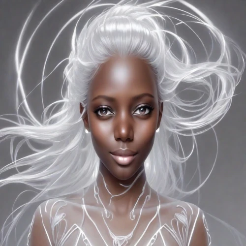 artificial hair integrations,fantasy portrait,dark elf,white lady,african american woman,silvery,ice queen,black woman,white beauty,black skin,fashion illustration,mystical portrait of a girl,humanoid,world digital painting,african woman,ethereal,the snow queen,veil,white silk,gradient mesh
