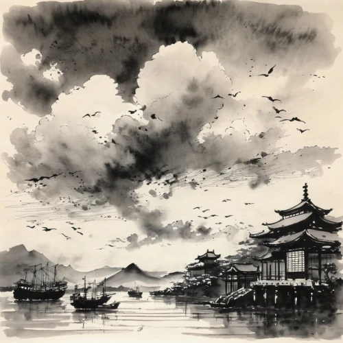 chinese clouds,chinese art,oriental painting,japanese art,dragon boat,oriental,yangqin,japan landscape,mid-autumn festival,luo han guo,xi'an,asian architecture,cool woodblock images,the golden pavilion,harbor cranes,yunnan,yi sun sin,chinese architecture,fishing village,summer palace,Illustration,Paper based,Paper Based 30