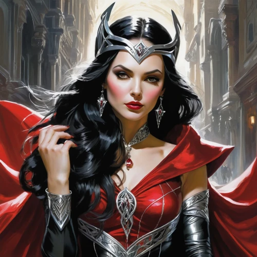 scarlet witch,fantasy woman,sorceress,the enchantress,heroic fantasy,goddess of justice,vampire woman,queen of hearts,evil woman,queen of the night,lady in red,fantasy portrait,vampire lady,priestess,red cape,vampira,femme fatale,fantasy art,wanda,wonderwoman,Conceptual Art,Oil color,Oil Color 09