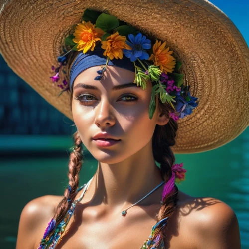 sombrero,flower hat,hula,indian headdress,headdress,polynesian girl,womans seaside hat,straw hat,mexican hat,yellow sun hat,feather headdress,native american,high sun hat,beautiful girl with flowers,mexican,summer crown,summer hat,moana,american indian,boho,Photography,Artistic Photography,Artistic Photography 08