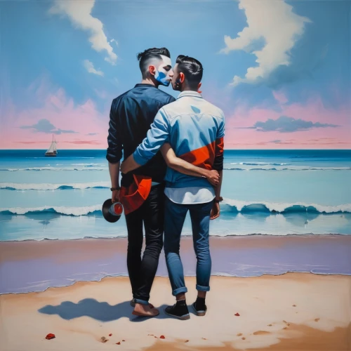 gay love,gay couple,superfruit,loving couple sunrise,young couple,glbt,markler,beach background,rainbow background,honeymoon,making out,lgbtq,two people,lovers,couple in love,gay men,oil painting on canvas,kissing,oil on canvas,lilo,Illustration,Realistic Fantasy,Realistic Fantasy 24