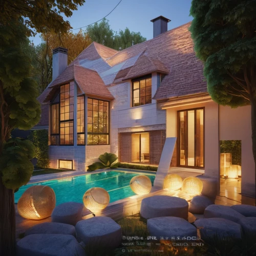 new england style house,luxury home,luxury property,pool house,beautiful home,luxury real estate,3d rendering,luxury home interior,modern house,summer cottage,bendemeer estates,house by the water,holiday villa,private house,large home,brick house,smart home,house shape,country estate,landscape lighting,Photography,General,Natural
