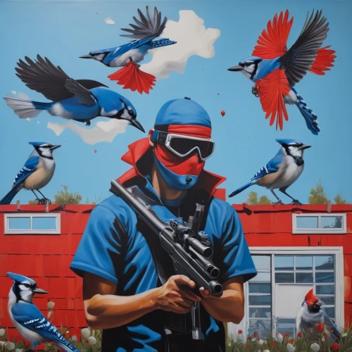 society finch,for the birds,carrier pigeon,the birds,bird box,guerrilla,blue birds and blossom,key birds,city pigeons,flock of birds,blue jays,mural,bird migration,pigeons,flock home,birds of chicago,feral pigeons,graffiti art,a flock of pigeons,pigeons and doves,Illustration,Realistic Fantasy,Realistic Fantasy 24