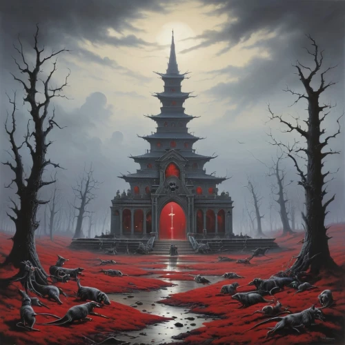 blood church,mortuary temple,hall of the fallen,necropolis,buddhist hell,temples,ghost castle,castle of the corvin,witch's house,citadel,forbidden palace,sepulchre,mausoleum ruins,witch house,hanging temple,templedrom,hall of supreme harmony,temple fade,stone palace,haunted cathedral,Conceptual Art,Fantasy,Fantasy 29
