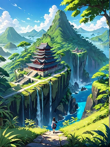 fantasy landscape,landscape background,mountain world,japan landscape,mountainous landscape,mountain landscape,mountain scene,high landscape,ancient city,bird kingdom,studio ghibli,rice terrace,mushroom landscape,japanese background,meteora,fantasy world,home landscape,world digital painting,an island far away landscape,mountain settlement,Anime,Anime,Realistic