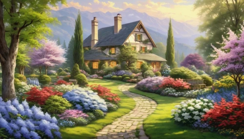 home landscape,house in the forest,summer cottage,cottage garden,country cottage,beautiful home,cottage,witch's house,little house,country house,fairy house,fairy tale castle,fairy village,house in mountains,lonely house,house painting,flower garden,fantasy landscape,landscape background,splendor of flowers,Photography,General,Realistic