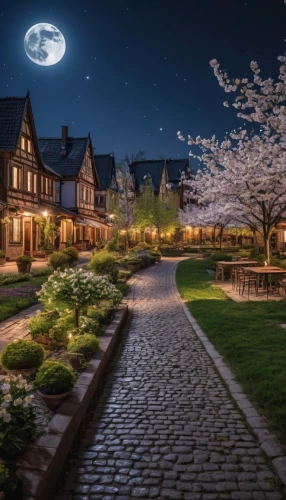 landscape lighting,moonlit night,security lighting,night image,aurora village,night scene,home landscape,cherry blossom tree-lined avenue,japan's three great night views,the cobbled streets,night photography,victorian,victorian house,outdoor street light,the park at night,moonlit,beautiful home,neighborhood,night photograph,the cherry blossoms,Photography,General,Realistic