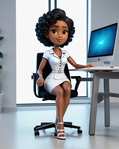 women in technology,blur office background,girl at the computer,businesswoman,office worker,business girl,business woman,bussiness woman,girl sitting,artificial hair integrations,tiana,secretary,designer dolls,3d figure,receptionist,animated cartoon,black professional,sprint woman,clay animation,business women,Unique,3D,3D Character