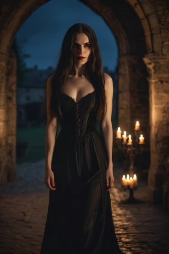 gothic woman,gothic dress,vampire woman,gothic fashion,gothic portrait,dark gothic mood,vampire lady,goth woman,gothic style,vampira,black dress with a slit,gothic,lady of the night,dark angel,vampire,queen of the night,dracula,evening dress,black candle,sorceress,Photography,General,Cinematic