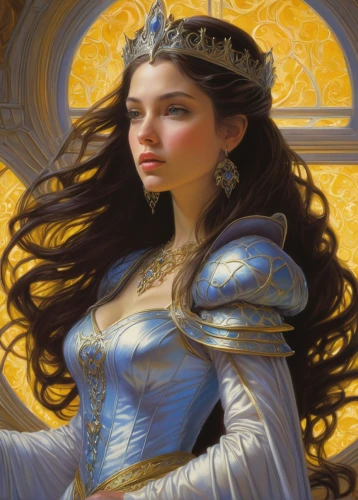 heroic fantasy,golden crown,fantasy portrait,fantasy art,celtic queen,fantasy woman,gold filigree,blue enchantress,gold crown,the snow queen,priestess,fantasy picture,cinderella,rosa ' amber cover,diadem,joan of arc,white rose snow queen,gold foil crown,yellow crown amazon,the enchantress,Illustration,Realistic Fantasy,Realistic Fantasy 03