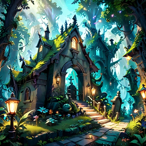 fairy village,witch's house,druid grove,house in the forest,fantasy landscape,dandelion hall,fairy forest,fairy house,aurora village,elven forest,knight village,fairy world,mountain settlement,enchanted forest,fairy tale castle,fairytale forest,forest glade,haunted forest,cartoon video game background,cartoon forest,Anime,Anime,Cartoon